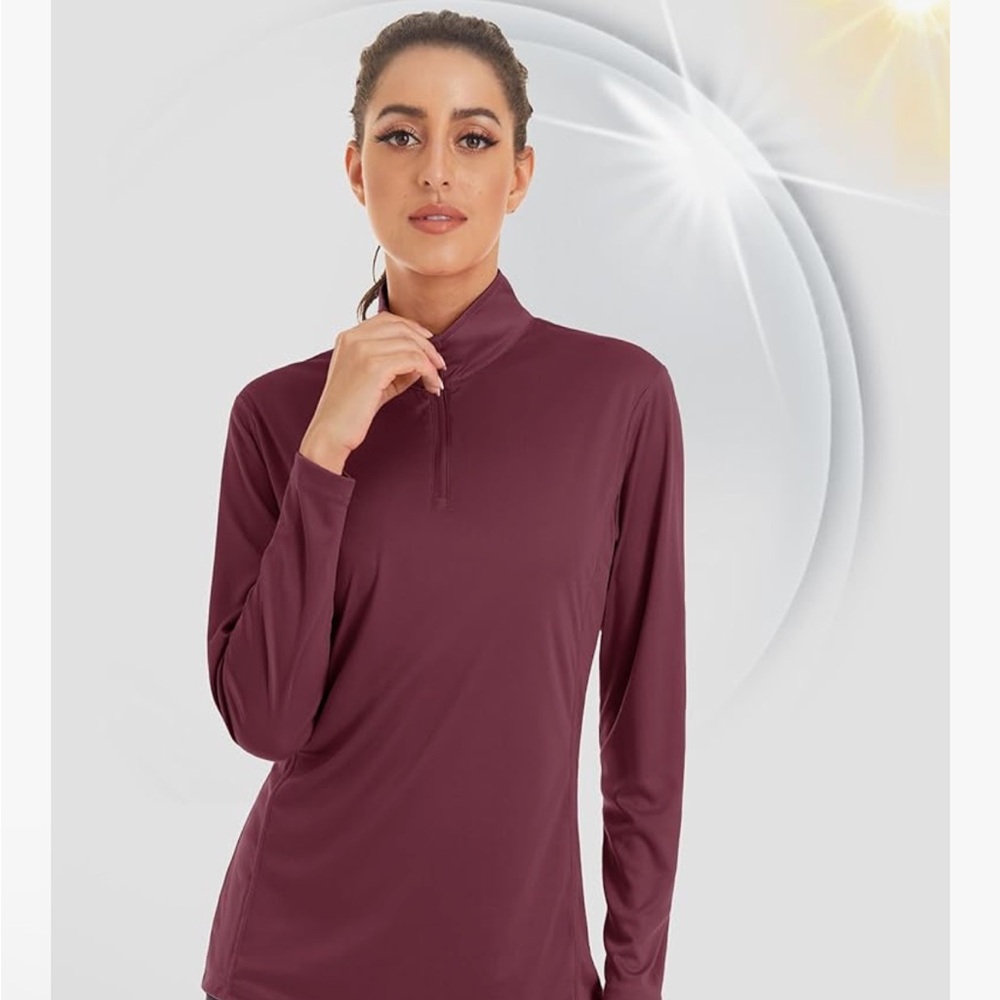 CRZ YOGA M Burgundy Long Sleeve 1/4 ZIP THUMBHOLE CARD POCKET WORKOUT Top
